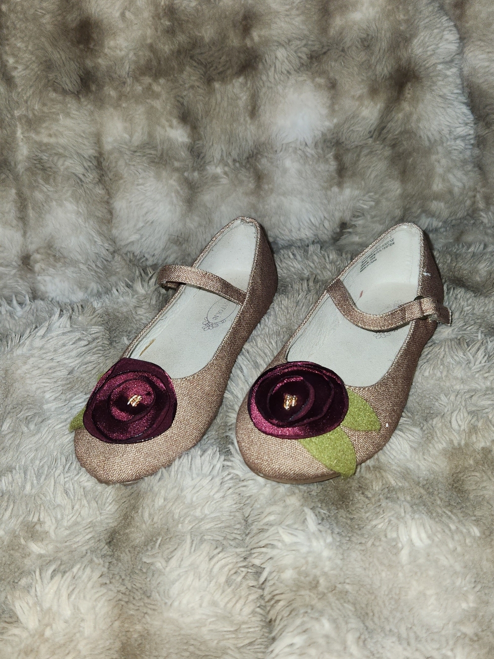 Joyfolie Rose Gold Mary Janes with Burgundy Flower